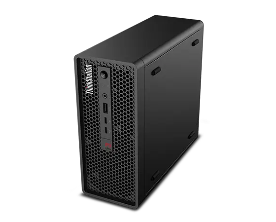 Aerial view of Lenovo ThinkStation P3 Ultra Workstation, at slight angle, showing front ports, top panel, & right-side panel