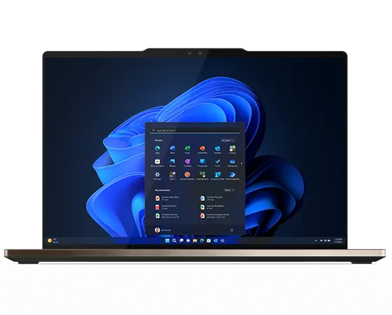 Lenovo ThinkPad Z13 Gen 2 33 cm (13") Notebook, Ansicht von vorne, um 90 Grad aufgeklappt, mit dem Windows 11 Pro Startmenü auf dem Display.