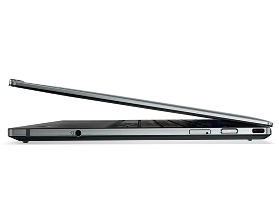 Lenovo ThinkPad Z13 Gen 2 Notebook in Arctic Grey, Profilansicht von rechts, teilweise aufgeklappt.