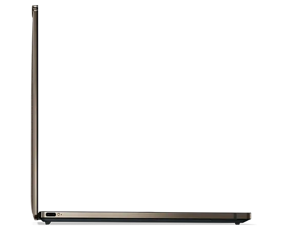 Lenovo ThinkPad Z13 Gen 2 Notebook mit bronzefarbenem Aluminiumgehäuse, Profilansicht von links, um 90 Grad geöffnet.