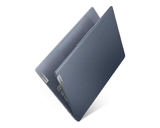 Lenovo IdeaPad Slim 5i Gen 9 (14&quot; Intel) laptop – Abyss Blue – right-front view, lid partially open, laptop perched on right-rear corner