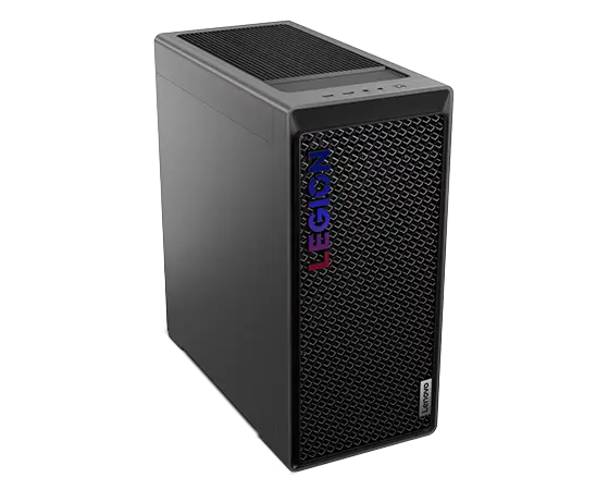 High-angle, front-left-corner view of the Legion Tower 5i Gen 8 (Intel) gaming PC, showing the standard left panel, mesh vented front bezel, and colorful Legion logo.