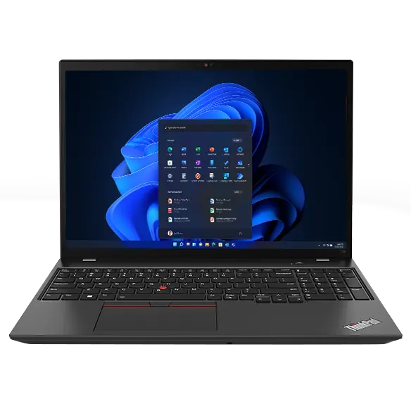 Overhead shot of Lenovo ThinkPad T16 Gen 2(16ʺ AMD) laptop open 90 degrees, angled to show right-side ports, keyboard & display.