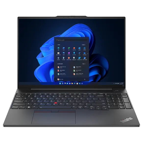 Lenovo ThinkPad E16 (16″ Intel) laptop – front view, lid open, with Windows menu on the display