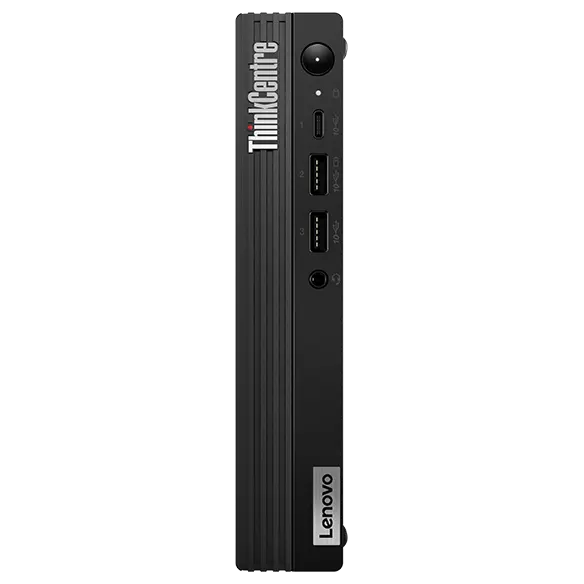 Forward-facing Lenovo ThinkCentre M90q Gen 4 Tiny (Intel) PC, at a slight angle, showing front panel & ports, Lenovo & ThinkCentre logos, & right-side panel