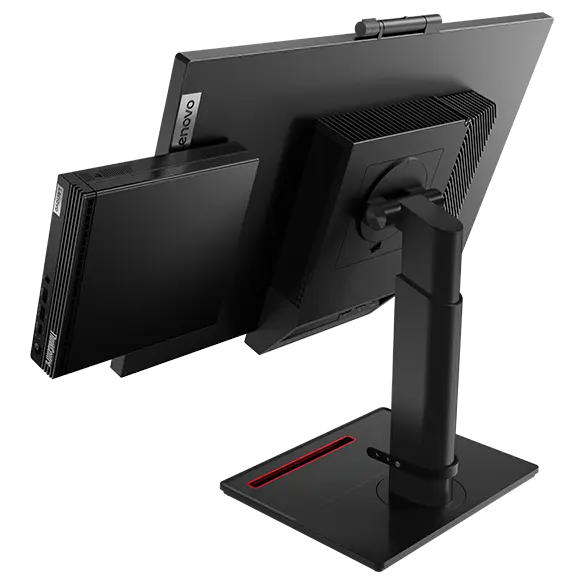 Side view of Lenovo ThinkCentre M70q Gen 3 Tiny (Intel), standing vertically, showing ThinkCentre logo, front ports, and right-side panel
