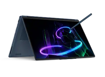 A left-front view of a Lenovo Yoga laptop in tent mode, showing green, blue, and purple graphics on the display as a stylus touches it.
