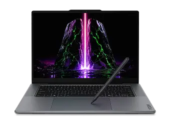 A front view of a Lenovo Yoga laptop with the lid open, showing green, pink, and purple graphics on the display as a stylus touches the touchpad.