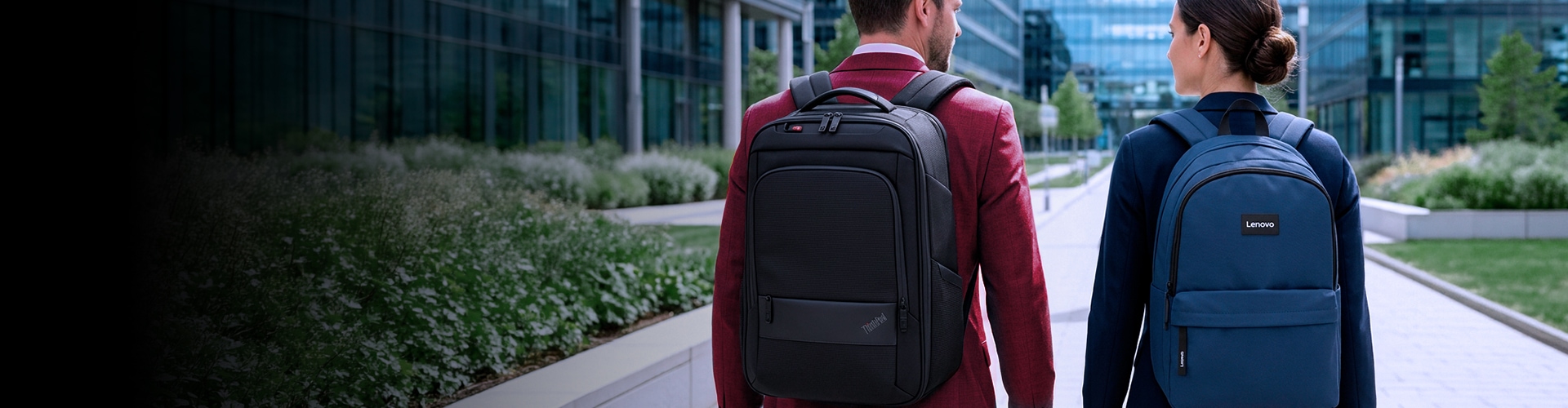 Lenovo laptop backpacks worn in a city business environment, highlighting storage, protection, and all-day carrying comfort.