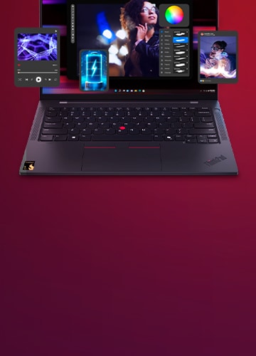 Lenovo ThinkPad-Laptop mit kreativer Software und Medien-Apps auf dem Bildschirm, mit schwebenden Grafiken eines Batteriesymbols, eines Musik-Players und von Design-Tools. Der Hintergrund ist in einem lebhaften Rot- und Lila-Farbverlauf gehalten.