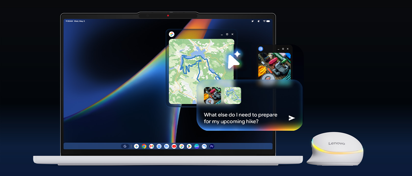 Screenshots from multiple apps and a Gemini prompt appear in front of the display of a Lenovo Googlebook 15 laptop.