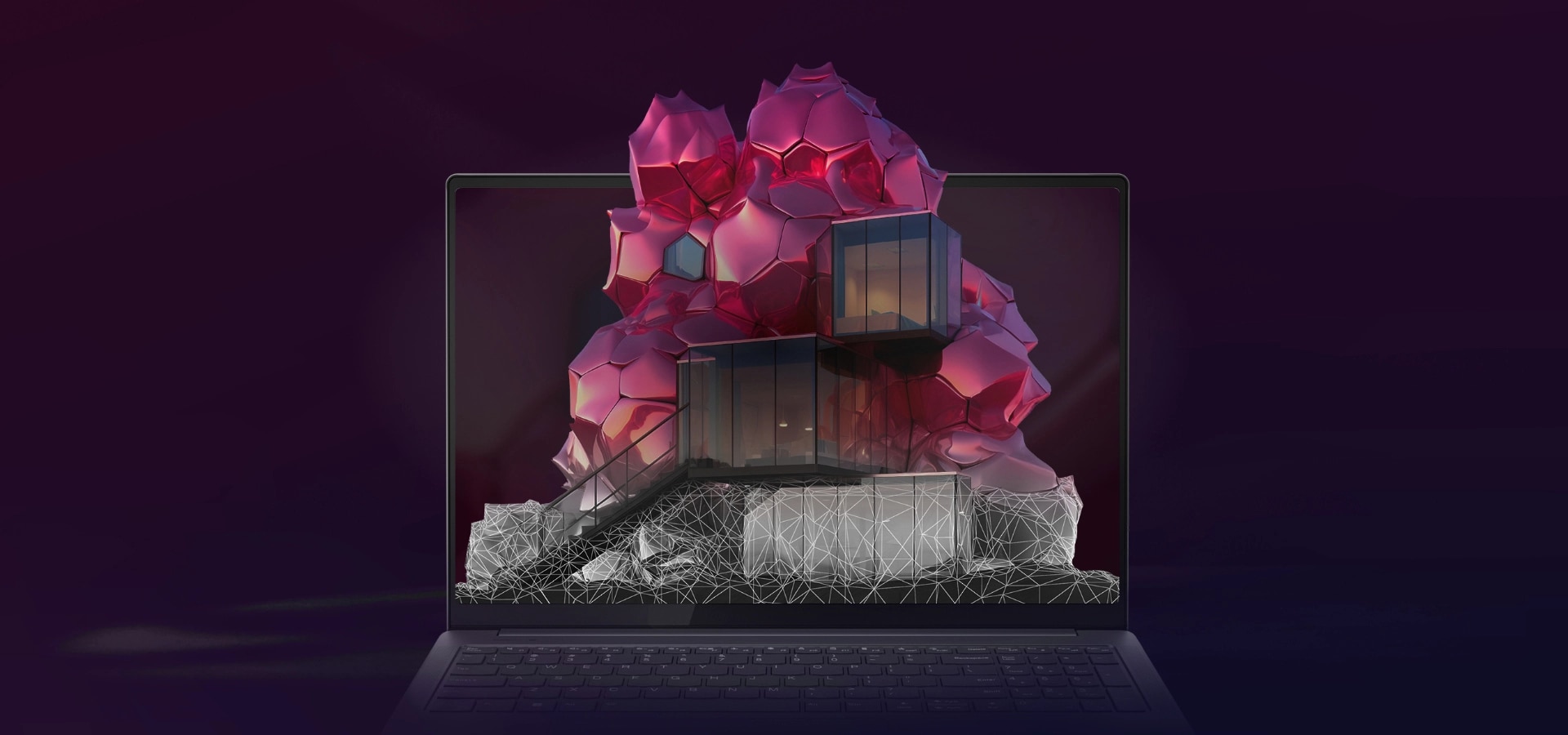 열린 레노버 Yoga 노트북의 디스플레이에 회색과 빨간색 다면체 디자인이 나타나는 모습