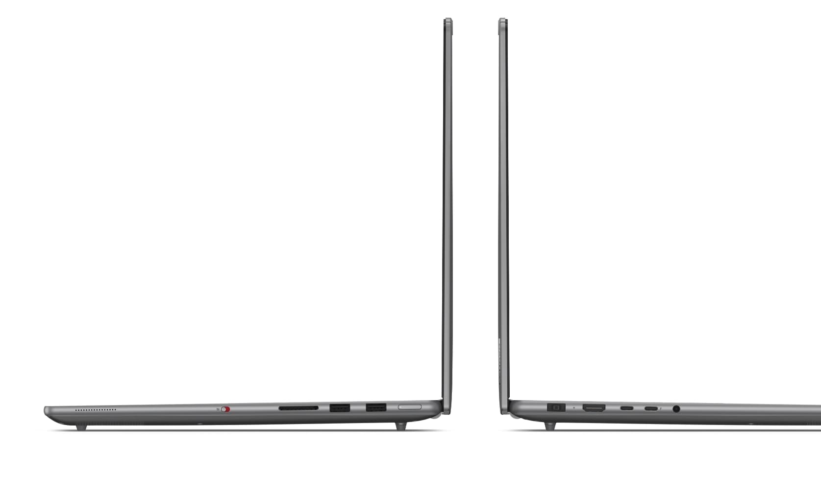 มุมมองด้านซ้ายและขวาของ Lenovo Yoga Pro 9i Gen 9 (16” Intel) ที่เปิดขึ้น 90 องศา และแสดงพอร์ตและขั้วต่อ