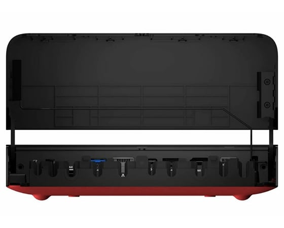 Vista posteriore del dispositivo di elaborazione Lenovo ThinkSmart Core che mostra le porte con il coperchio aperto.
