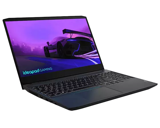 Lenovo IdeaPad Gaming 3i Gen 6 (15” Intel) laptop—3/4 left-front view with lid open and image of racecar on the display