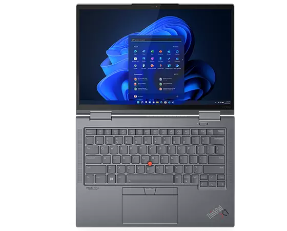 Overhead shot of Lenovo ThinkPad X1 Yoga Gen 7 2-in-1 laptop open 180 degrees showing keyboard and display. 