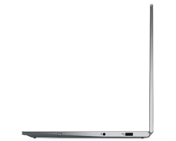 Rechterzijaanzicht van de Lenovo ThinkPad X1 Yoga Gen 7-laptop, 90 graden geopend.