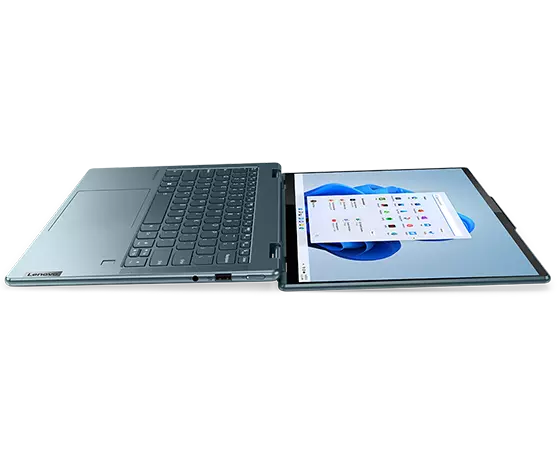 Side-on view of Lenovo Yoga 7i Gen 7 (14” Intel) 2-in-1, opened, laid flat, 180 degrees