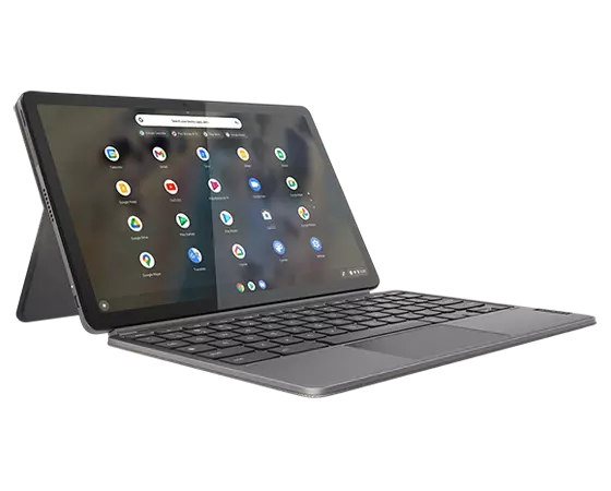Side view from the left of 11” IdeaPad Duet 3 Chromebook in laptop mode, showing keyboard, display, and portfolio case stand 