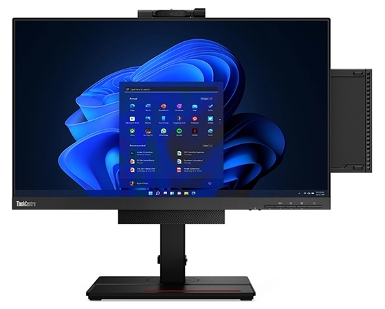 Vista frontal de un monitor de Lenovo, Tiny-in-One y ThinkCentre M70q de 3ra generación Tiny (Intel)