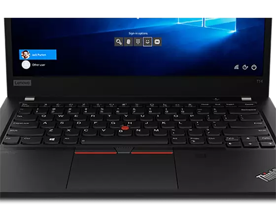 ThinkPad T14 (14″ Intel) Close Up view of fingerprint reader, Trackpad, and Keyboard, screen on