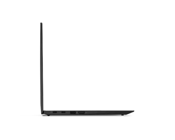 Vista del lateral izquierdo del portátil Lenovo ThinkPad X1 Carbon Gen 9 abierto a 90 grados.