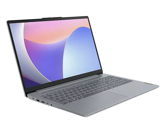 Lenovo IdeaPad Slim 3i Gen 8 laptop open 90 degrees, angled to show left-side ports
