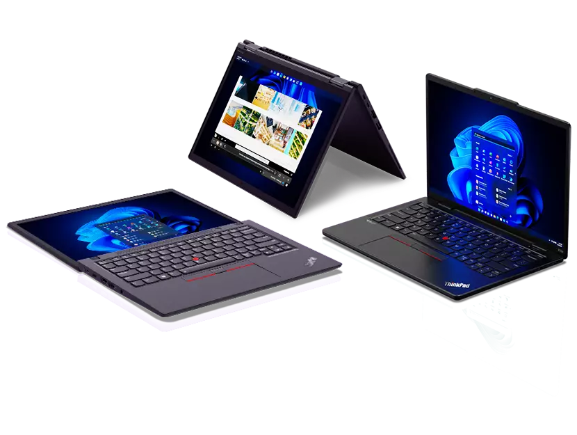 3 Lenovo ThinkPad X Series laptops open in laptop mode, folded over in tent mode, & open 180 degrees.