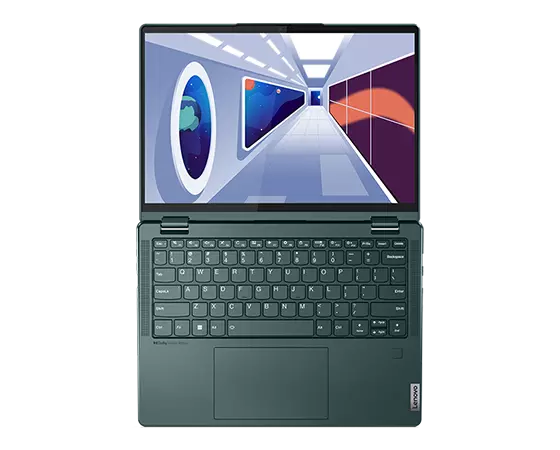 Birdseye view of Yoga 6 Gen 8 laptop in 180-degree mode