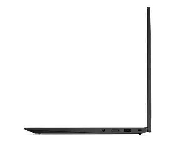 Right-side profile of Lenovo ThinkPad X1 Carbon Gen 11 laptop open, showing ports & slots.