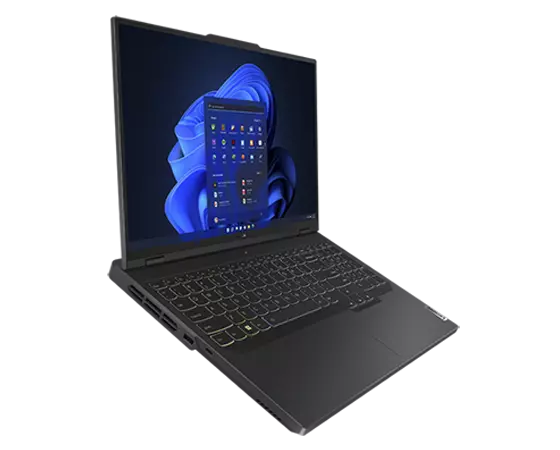 Legion Pro 5i Gen 8 (16'' Intel), naar rechts gericht, zwevend, met RGB-toetsenbord met achtergrondverlichting en Windows 11 op het scherm