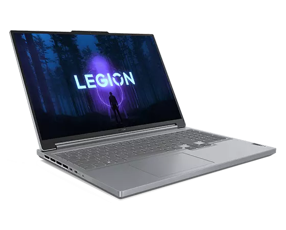 Portable Legion Slim 5i Gen 8 Misty Grey, orienté à droite, avec écran allumé
