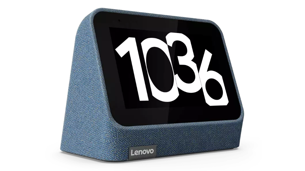 Lenovo Smart Clock Gen 2 en Abyss Blue—vue de 3/4 côté gauche, avec 10:36 affiché sur le cadran/l'affichage de l'horloge