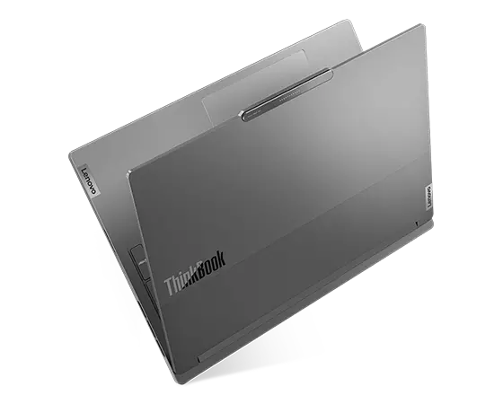 Floating Lenovo ThinkBook 16p Gen 4 laptop on its spine like a book, open about 10 degrees.