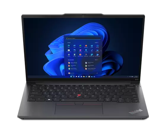 ThinkPad E14 Gen 5 (14″ Intel) laptop – front view from slightly above, lid open, with Windows 11 startup menu on the display