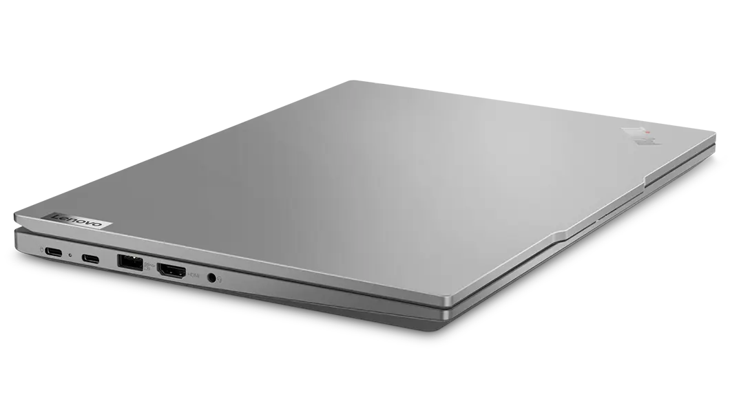 Lenovo ThinkPad E14 Gen 5 (14" AMD) laptop in Arctic Grey – angled left side view, lid closed