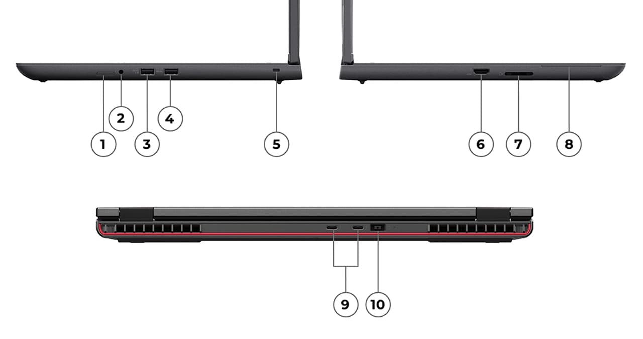 Left-, right-, & rear-profiles of Lenovo ThinkPad P16v (16” Intel) mobile workstation, showing the various ports & slots