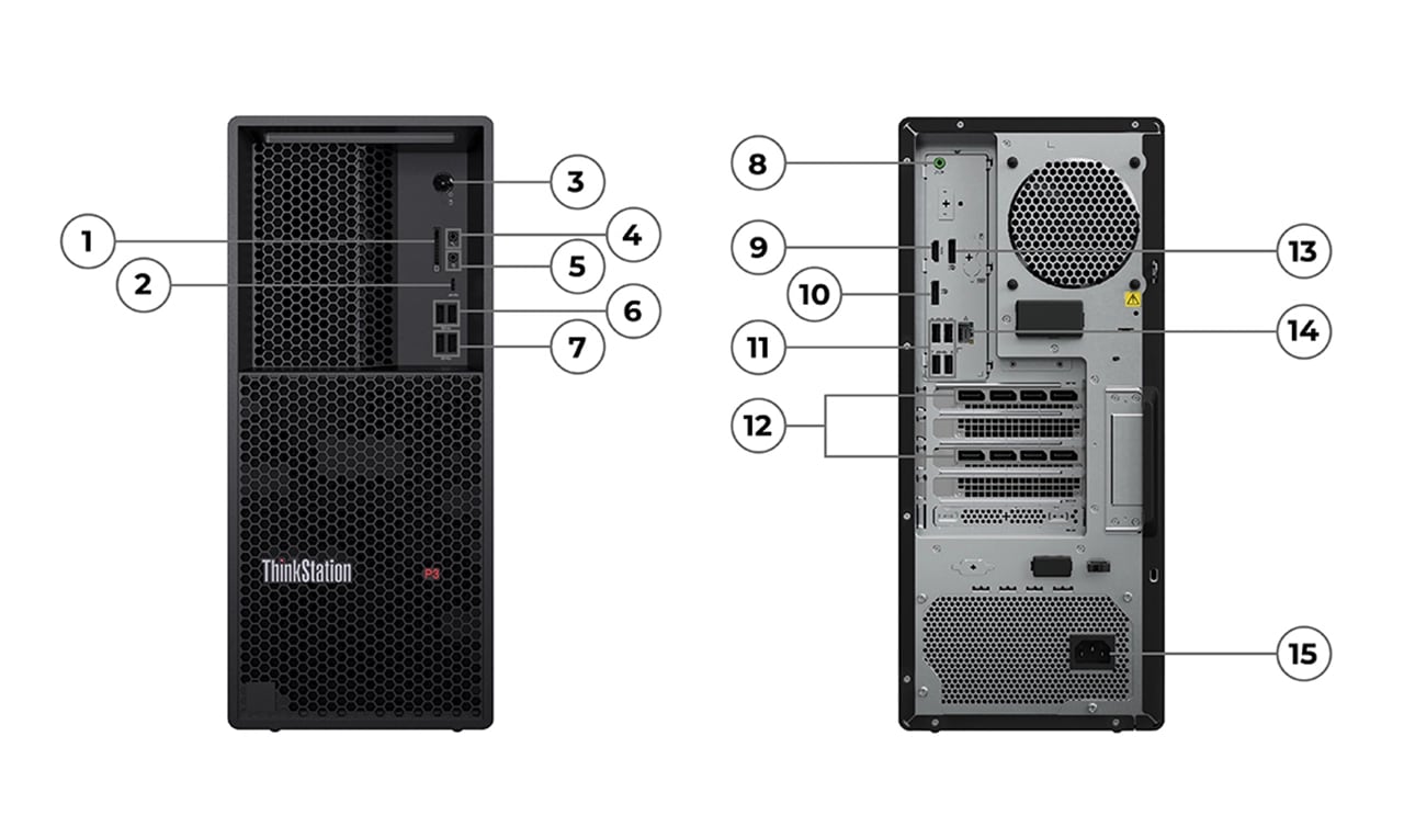 Front- & rear-facing Lenovo ThinkStation P3 Tower, showing front & rear ports