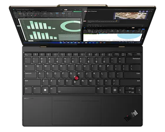 Overhead shot of the Lenovo ThinkPad Z13 Gen 2 laptop open 90 degrees, with focus on the keyboard. 