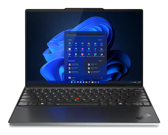 Overhead shot of the Lenovo ThinkPad Z13 Gen 2 laptop showing the keyboard & the Windows 11 Pro Start menu on the display.