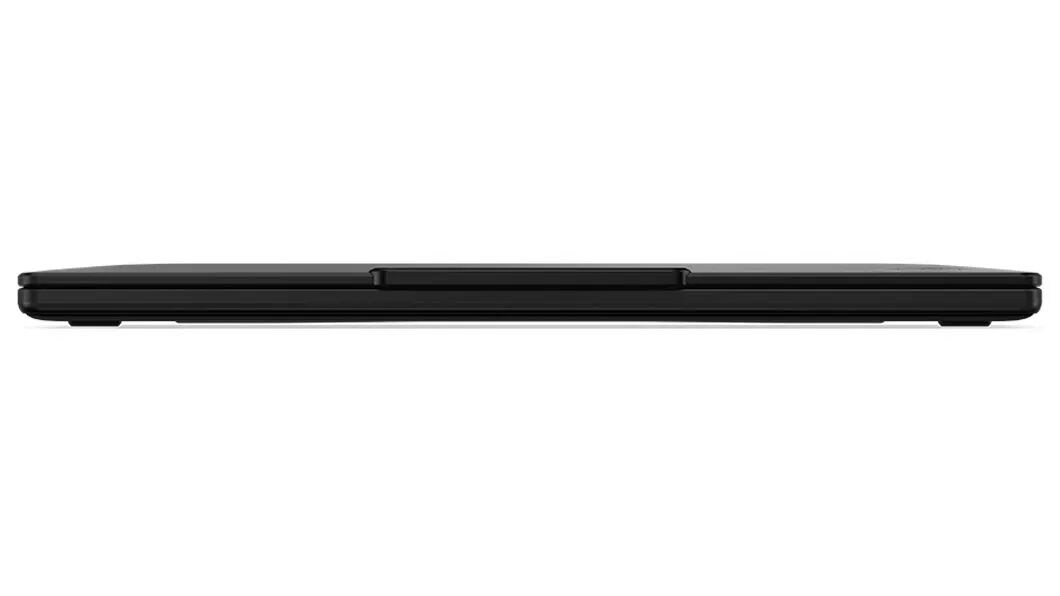 Vorderansicht des Lenovo ThinkPad X13s Notebooks mit geschlossener Abdeckung, mit Kommunikationsleiste und abgerundeten Seitenrändern.