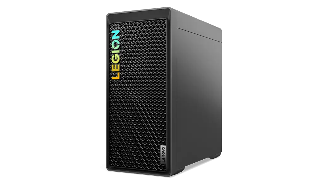 Low-angle, front-right-corner view of the Legion Tower 5i Gen 8 (Intel), showing the right panel, mesh vented front bezel, and bright Legion logo.