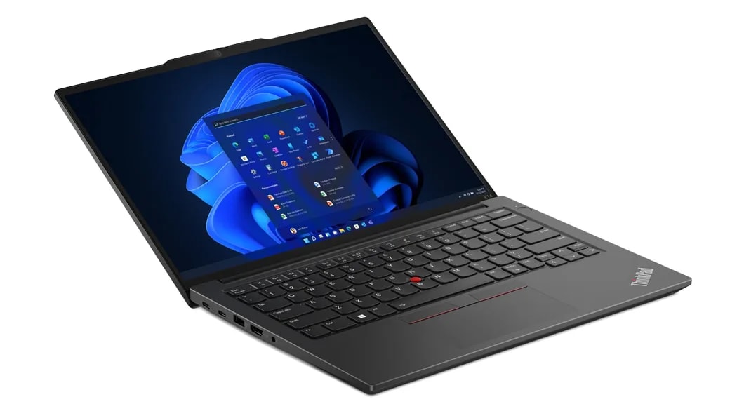 ThinkPad E14 Gen 5 (14, Intel) laptop – front view from left, lid open 150 degrees, with Windows 11 startup menu on the display