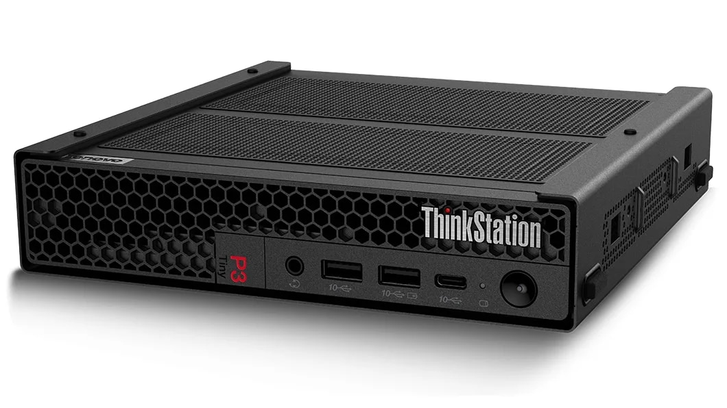 Lenovo ThinkStation P3 Tiny Workstation in a mounted bracket, laid horizontally, showing ThinkStation logo & front ports, & left-side panel