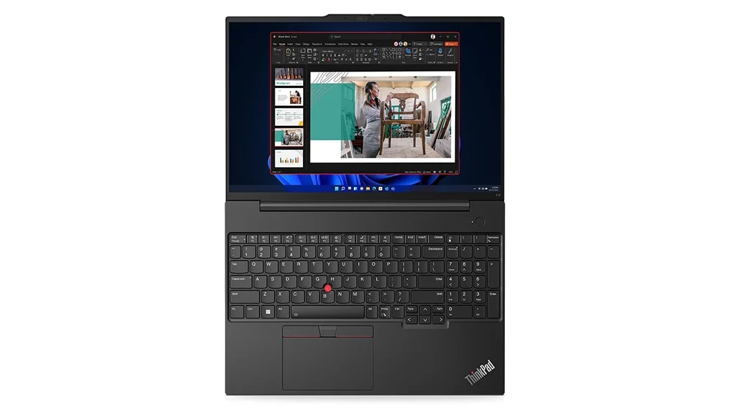 Lenovo ThinkPad E16 (16, Intel) laptop – lying flat with lid open all the way, with a slideshow on the display