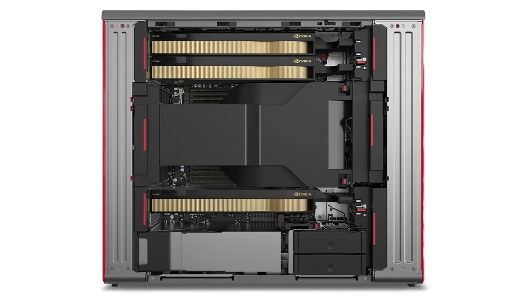 Side view of ThinkStation P57 workstation, with left-side panel removed, showing internal components