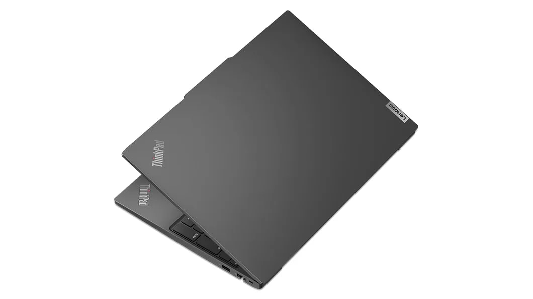 Lenovo ThinkPad E16 (16, Intel) laptop – rear view from the right and above, lid slightly open