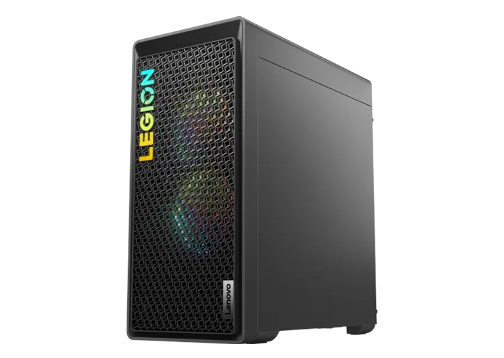 Front-right corner view of the Legion Tower 5i Gen 8 (Intel), viewed from low angle and revealing the mesh-vented front bezel and interior RGB lighting. 