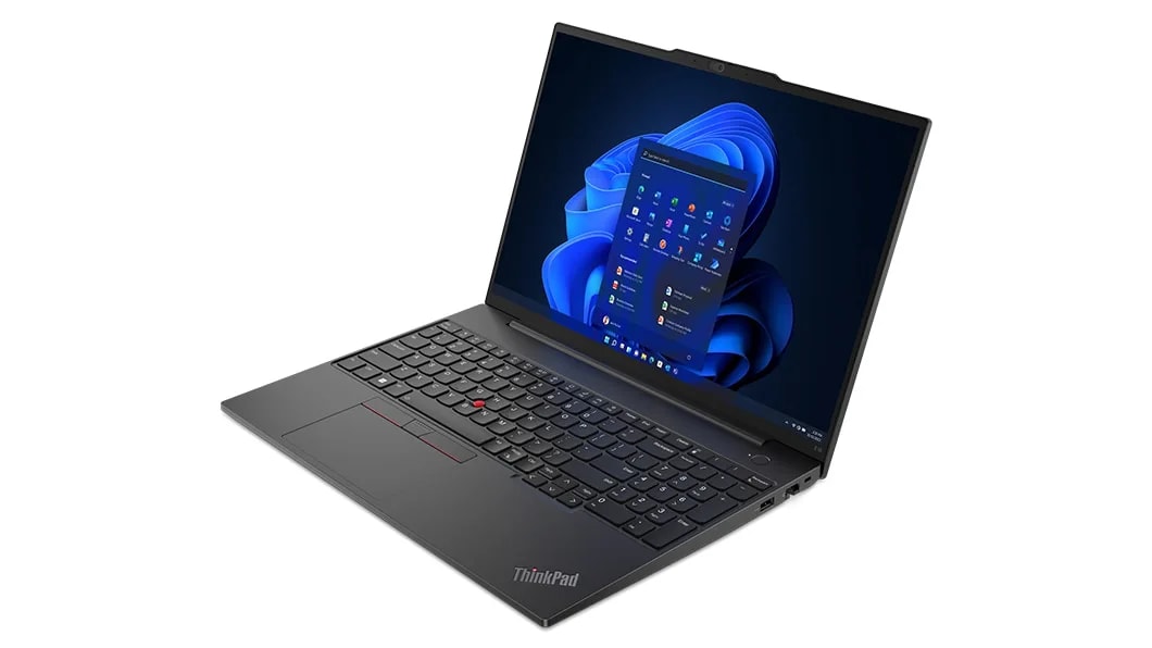 Lenovo ThinkPad E16 (16, Intel) laptop – front view from the right, lid open, with Windows menu on the display