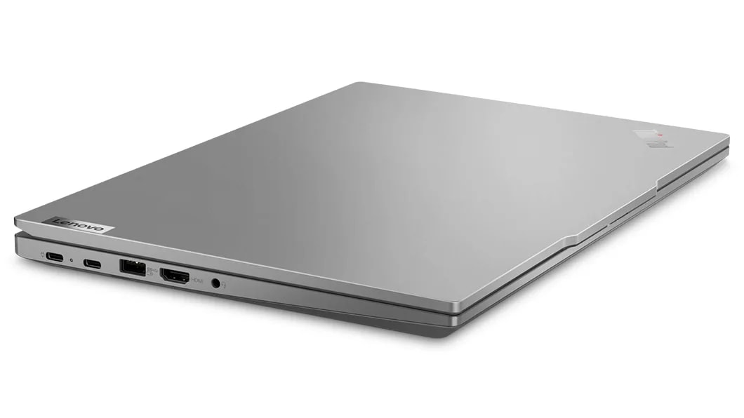 Lenovo ThinkPad E14 Gen 5 (14, AMD) laptop in Arctic Grey – angled left side view, lid closed